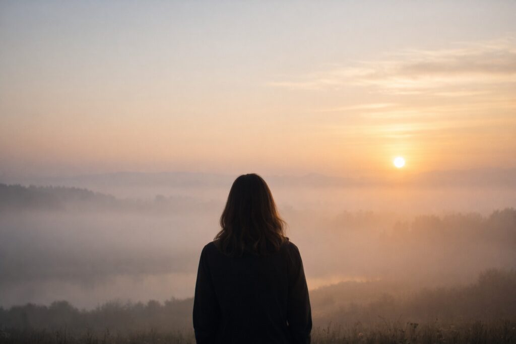 hypnose régressive Silhouette féminine de dos face à un horizon brumeux au lever du jour, évoquant un moment de calme, de recentrage et de disponibilité intérieure.