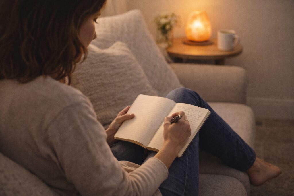 hypnose régressive – temps d’intégration et métabolisation après séance Femme assise dans un espace calme, écrivant dans un carnet, illustrant un temps d’intégration, de réflexion et de métabolisation après une séance.