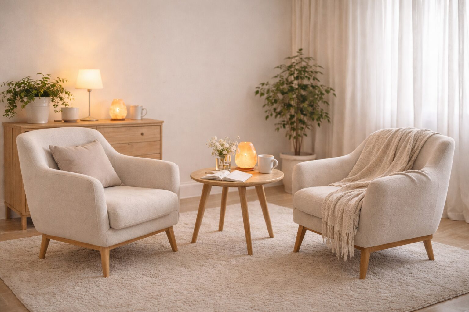 Cadre bienveillant pour une séance d’hypnose régressive Salon chaleureux et lumineux évoquant un cadre bienveillant et sécurisant, propice à l’exploration intérieure.