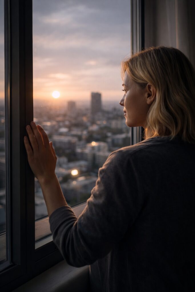 personne regardant la lumière par une fenêtre, ouverture, espoir)
