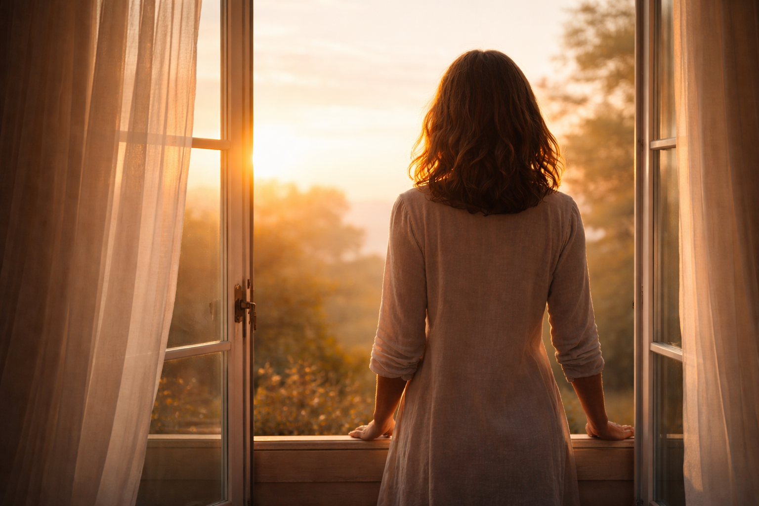 femme-fenetre-lever-soleil-reconnexion.jpg Femme de dos regardant le lever du soleil depuis une fenêtre ouverte symbolisant la reconnexion à soi