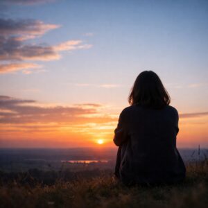 pourquoi je suis là? hypnose régressive ésotérique Sophie Navarro Femme de dos face à l’horizon au coucher du soleil représentant le sentiment de ne pas être à sa place