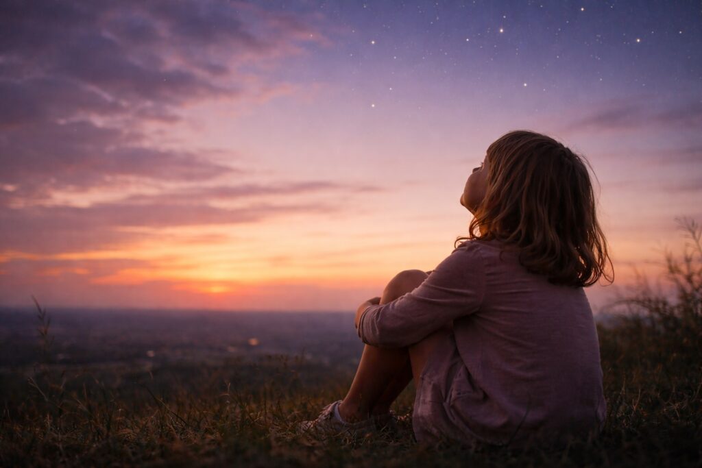 Petite fille assise de dos regardant le ciel au coucher du soleil symbolisant la question pourquoi je suis là
