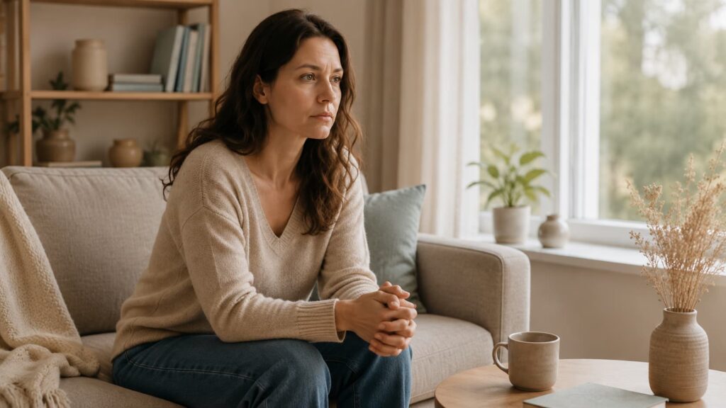 femme assise sur un canapé, mains jointes, regard introspectif vers la fenêtre
