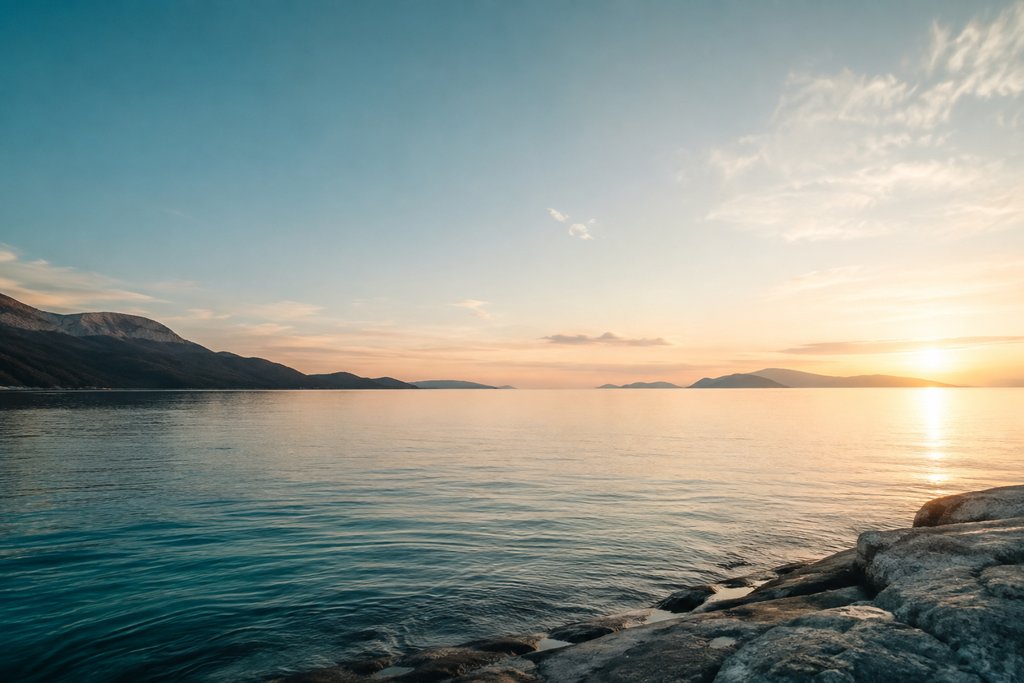 Étendue d'eau calme et horizon dégagé dans une lumière douce