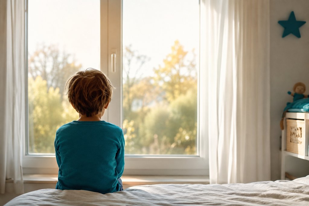 Enfant assis de dos sur son lit, regardant par la fenêtre dans une lumière douce